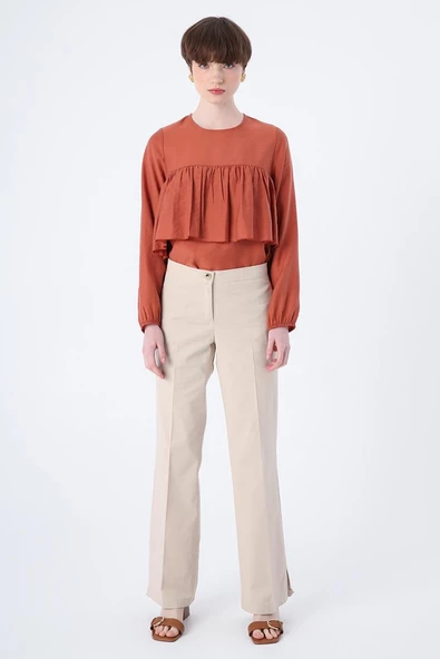 Taş-Pamuklu Ütü İzli Paçası Yırtmaçlı Likralı Bol Paça Pantolon - Resim 2