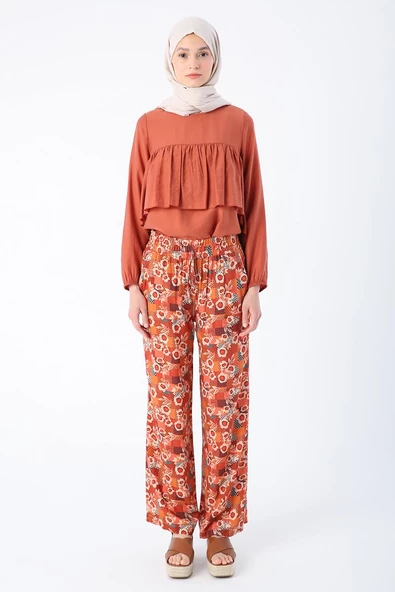 Kiremit-Bej-Desenli Beli Lastikli Rahat Kalıp Viskon Pantolon - Resim 2