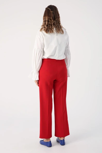 Kırmızı-Cepli Bol Paça Pantolon - Resim 4