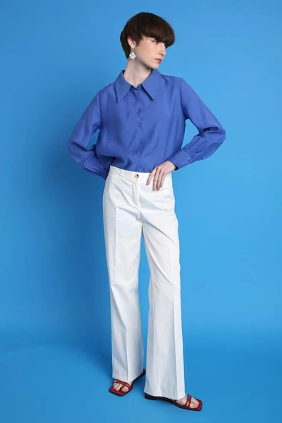 Kırık Beyaz-Pamuklu Ütü İzli Paçası Yırtmaçlı Likralı Bol Paça Pantolon ürün görseli 1