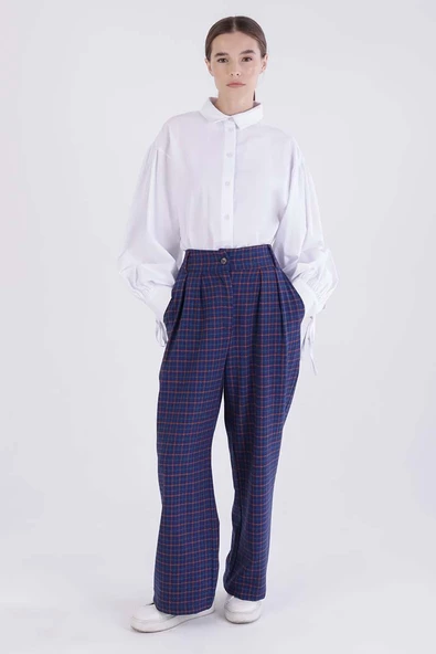 Lacivert-Turuncu-Pileli Ekose Desenli Likralı Palazzo Pantolon - Resim 5