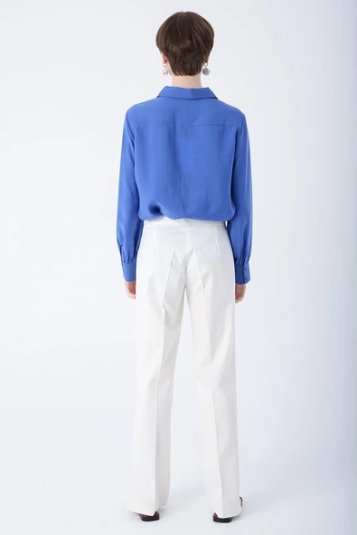 Kırık Beyaz-Pamuklu Ütü İzli Paçası Yırtmaçlı Likralı Bol Paça Pantolon - Resim 4