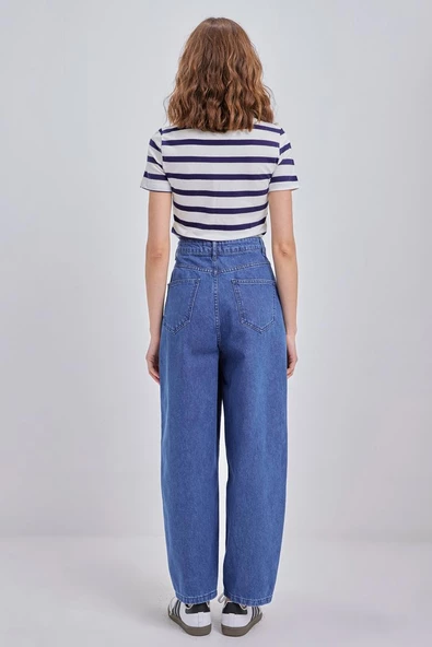 Mavi-%100 Pamuk Denim Slouchy Pantolon - Resim 4