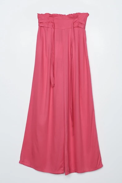 Koyu Pembe-Beli Lastikli Pileli Bol Paça Viscon Pantolon - 5