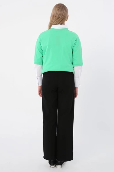 Siyah-Pamuklu Paçası Püsküllü Pantolon - Resim 4