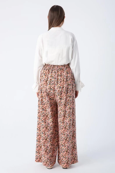 Somon-Kiremit-Baskılı Paçası Yırtmaçlı Beli Lastikli Wide Leg Viskon Keten Pantolon - Resim 5