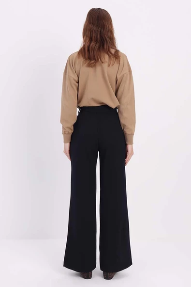 Lacivert-Nervürlü Bol Paça Pantolon - 4