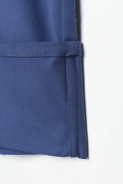 Mavi-Pamuklu Geniş Paça Katlamalı Likralı Pantolon - Resim 6