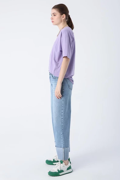 Mavi01-%100 Pamuk Yüksek Bel Bol Paça Katlama Detaylı Denim Pantolon - 3