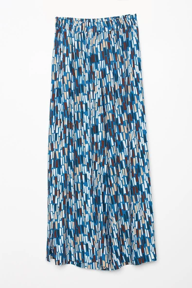 Koyu Mavi-Ekru-Baskılı Paçası Yırtmaçlı Beli Lastikli Wide Leg Viskon Keten Pantolon - Resim 7