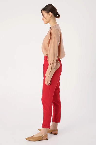 Kırmızı-Beli Lastikli Havuc Pantolon - 3