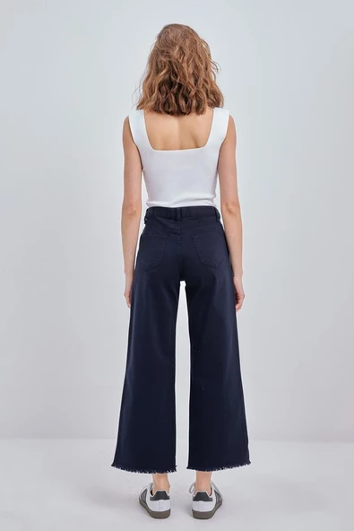 Lacivert-Pamuklu Paçası Püsküllü Pantolon - Resim 4