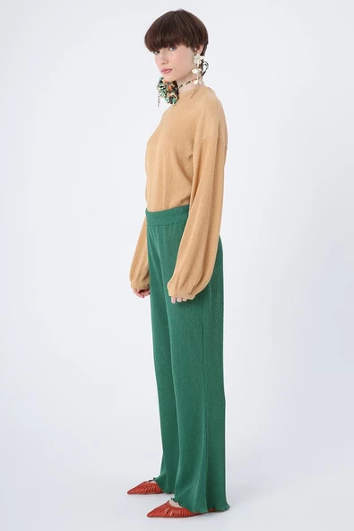 Yeşil-Piliseli Bol Paça Beli Lastikli Pantolon - Resim 3