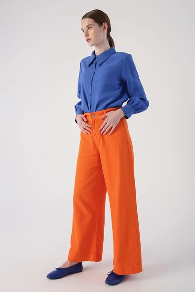Turuncu-%100 Pamuk Yüksek Bel Bol Paça Pantolon - Resim 5