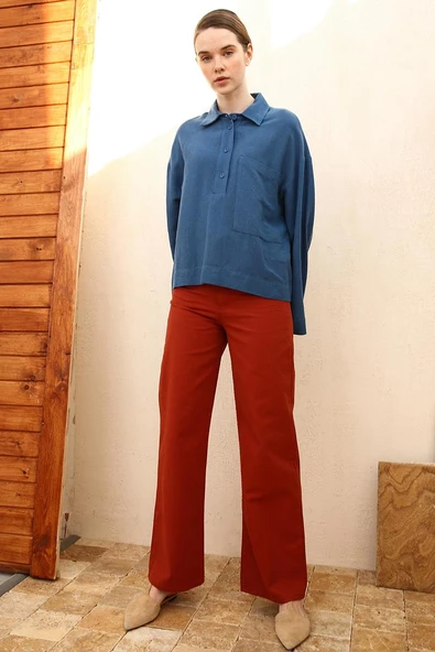 Kiremit-%100 Pamuk Bol Paça Parça Boyama Rahat Kalıp Pantolon ürün görseli 1