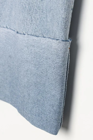 Mavi-%100 Pamuk Yüksek Bel Bol Paça Katlama Detaylı Denim Pantolon - Resim 6