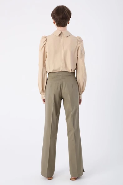 Haki-Pamuklu Ütü İzli Paçası Yırtmaçlı Likralı Bol Paça Pantolon - Resim 4