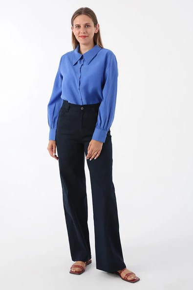 Lacivert-Pamuklu Yüksek Bel Bol Paça Likralı Pantolon ürün görseli 1