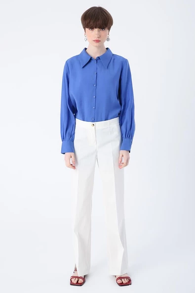 Kırık Beyaz-Pamuklu Ütü İzli Paçası Yırtmaçlı Likralı Bol Paça Pantolon - Resim 2