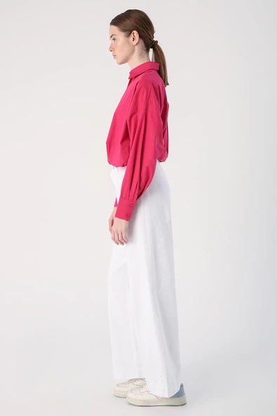 Beyaz-%100 Pamuk Yüksek Bel Bol Paça Pantolon - Resim 3