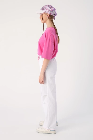 Beyaz-Paraşüt Kumaş Pile Detaylı Paçası Büzgülü Pantolon - Resim 3