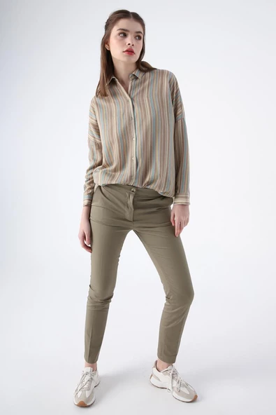 Haki-Pamuklu Ütü İzli Cepli Likralı Dar Paça Pantolon ürün görseli 1