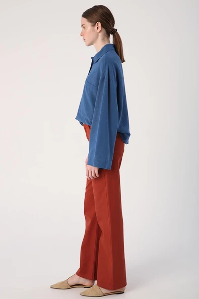 Kiremit-%100 Pamuk Bol Paça Parça Boyama Rahat Kalıp Pantolon - Resim 3