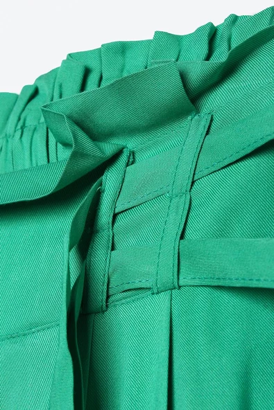 Çimen Yeşili-Beli Lastikli Pileli Bol Paça Viscon Pantolon - Resim 6