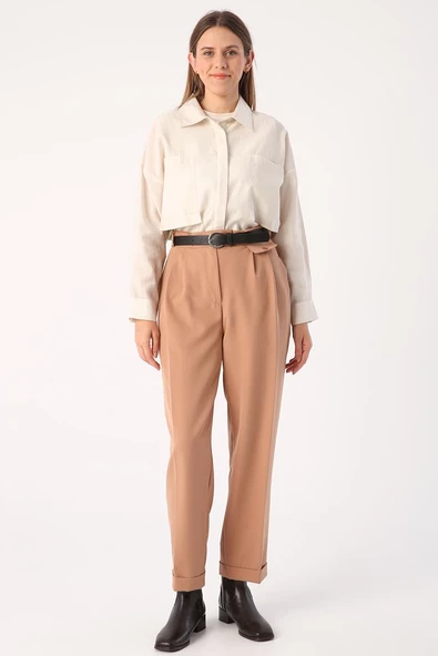 Toprak-Kemerli Duble Paça Pileli Havuç Pantolon - Resim 2