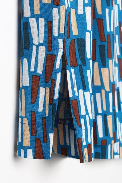 Koyu Mavi-Ekru-Baskılı Paçası Yırtmaçlı Beli Lastikli Wide Leg Viskon Keten Pantolon - Resim 6