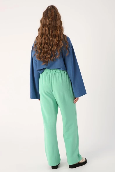 Soft Yeşil-Beli Fırfırlı Bol Paça Viskon Keten Pantolon - Resim 4