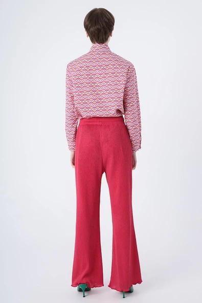 Fuşya-Piliseli Bol Paça Beli Lastikli Pantolon - Resim 5