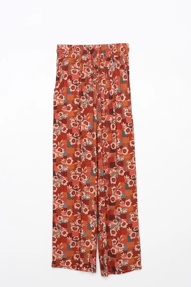 Kiremit-Bej-Desenli Beli Lastikli Rahat Kalıp Viskon Pantolon - Resim 5