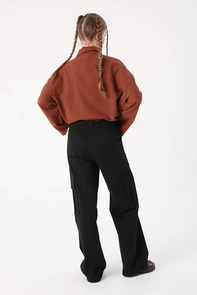 Siyah-Pamuklu Kargo Cepli Likralı Bol Paça Pantolon - Resim 4