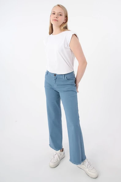 Mavi-Pamuklu Paçası Püsküllü Pantolon ürün görseli 1