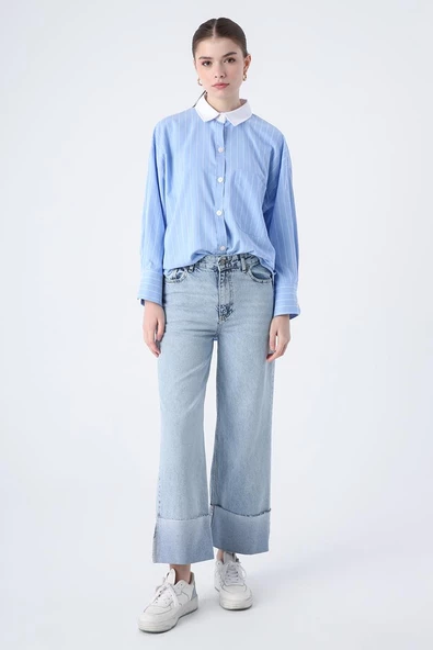 Mavi-%100 Pamuk Yüksek Bel Bol Paça Katlama Detaylı Denim Pantolon - Resim 2