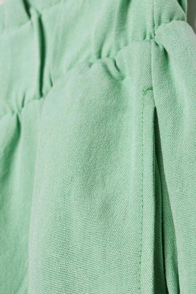 Soft Yeşil-Beli Fırfırlı Bol Paça Viskon Keten Pantolon - Resim 5