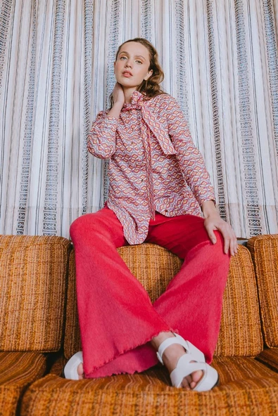 Fuşya-Piliseli Bol Paça Beli Lastikli Pantolon ürün görseli 1