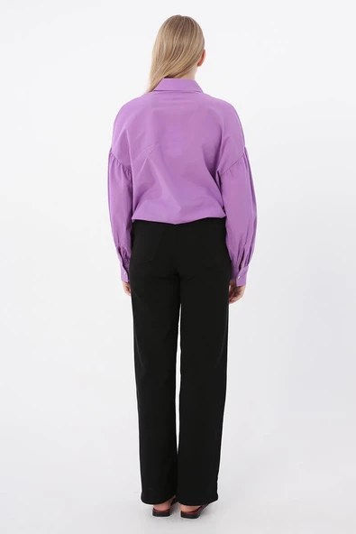 Siyah-Pamuklu Wide Leg Likralı Pantolon - Resim 4