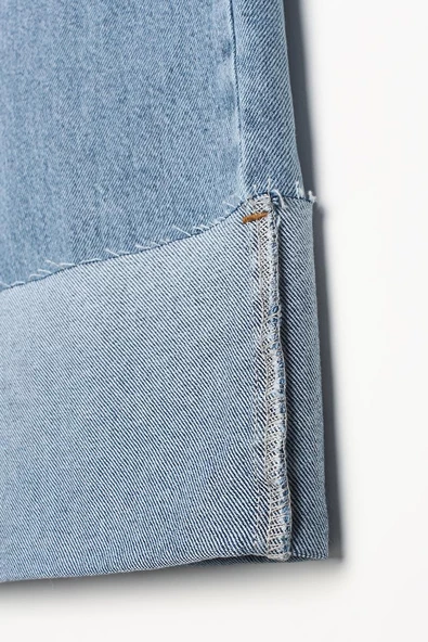 Mavi01-%100 Pamuk Yüksek Bel Bol Paça Katlama Detaylı Denim Pantolon - 6