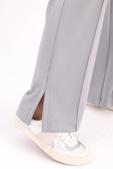 Gri-Nervürlü Bol Paça Örme Pantolon - Resim 5