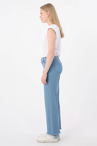 Mavi-Pamuklu Paçası Püsküllü Pantolon - Resim 3