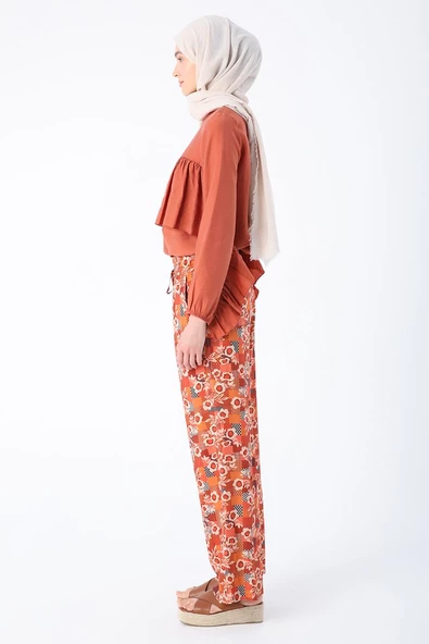 Kiremit-Bej-Desenli Beli Lastikli Rahat Kalıp Viskon Pantolon - Resim 3