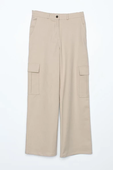 Açık Bej-Pamuklu Kargo Cepli Likralı Bol Paça Pantolon - Resim 6