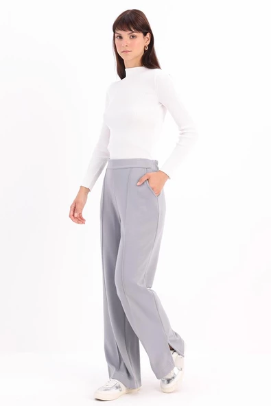 Gri-Nervürlü Bol Paça Örme Pantolon ürün görseli 1