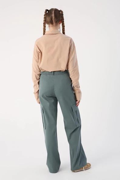 Pastel Yeşili-Pamuklu Kargo Cepli Bol Paça Pantolon - 4