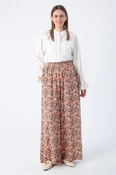 Somon-Kiremit-Baskılı Paçası Yırtmaçlı Beli Lastikli Wide Leg Viskon Keten Pantolon - Resim 3