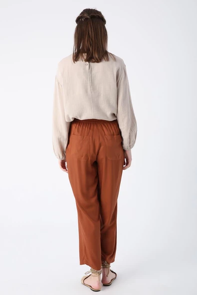 Açık Kahve-Beli Lastikli Geniş Paça Pantolon - 4