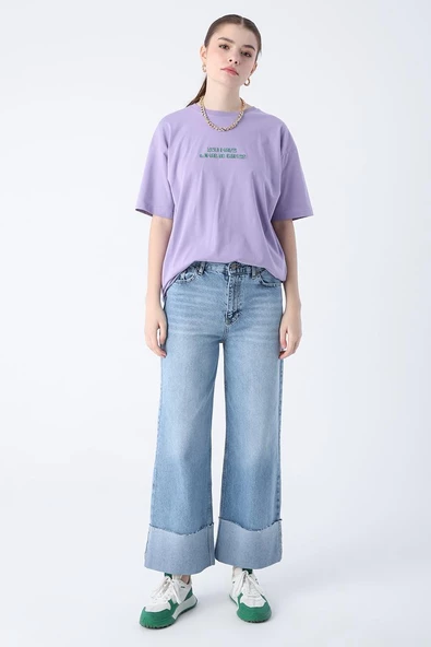 Mavi01-%100 Pamuk Yüksek Bel Bol Paça Katlama Detaylı Denim Pantolon - 2