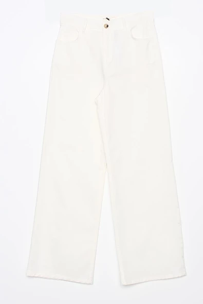 Kırık Beyaz-Pamuklu Bol Paça Cepli Likralı Pantolon - Resim 6